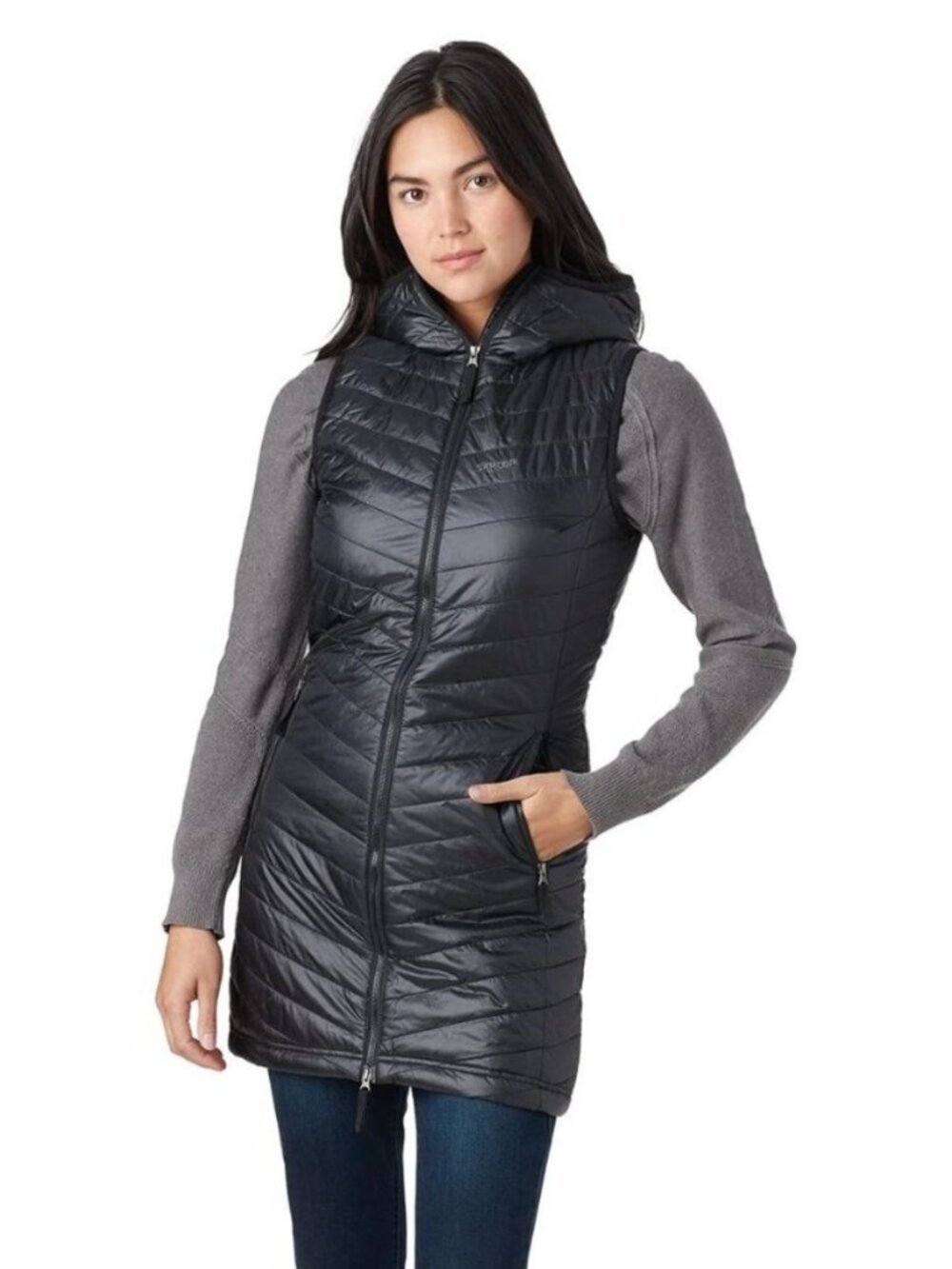 Skhoop Debbie Mid Length Puffer Vest, Hood Size Small